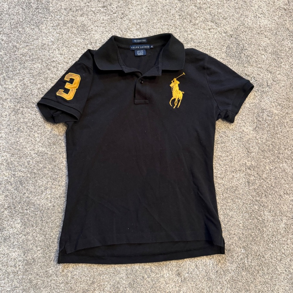Ralph Lauren Black Gold Big Pony Skinny Polo Shirt Womens Medium Short Sleeve